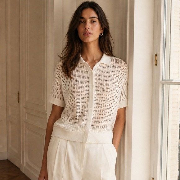J. Crew Tops - J. Crew Collection White Open Knit Button Down Polo Shirt Short Sleeve Size XS